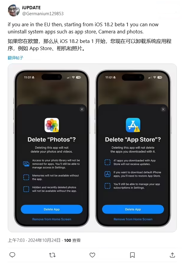 肇东苹果手机维修分享iOS 18.2 支持删除 App Store 应用商店 