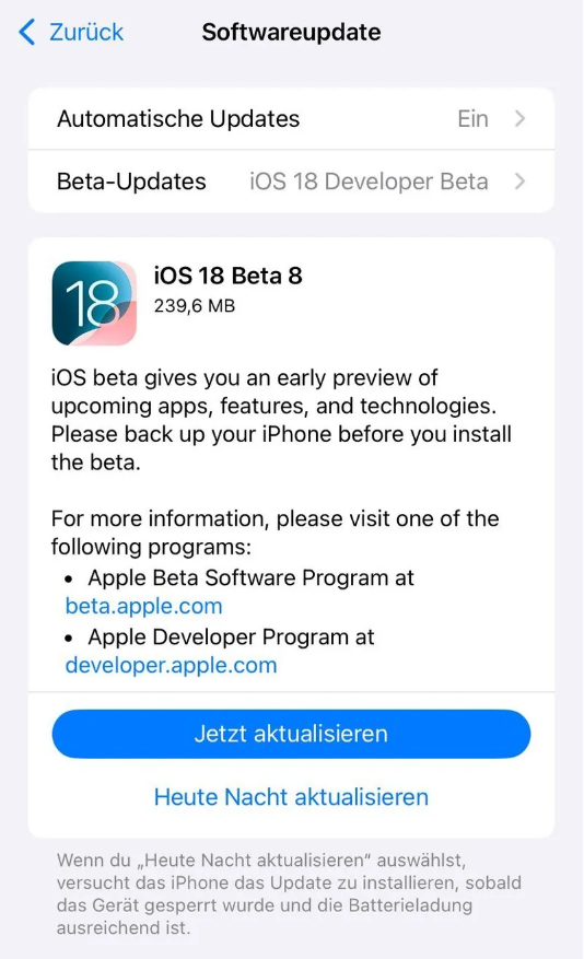 肇东苹果手机维修分享苹果 iOS / iPadOS 18 开发者预览版 Beta 8 发布 